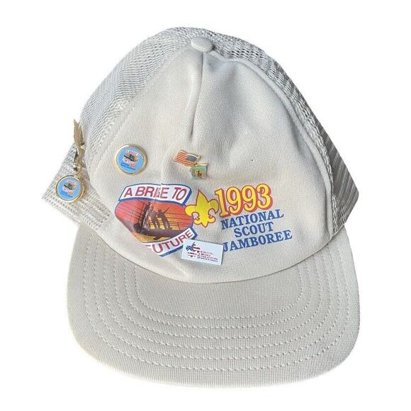 VTG 1993 National Scout Jamboree Trucker Hat Cap w/ Pins USA Made Beige RARE